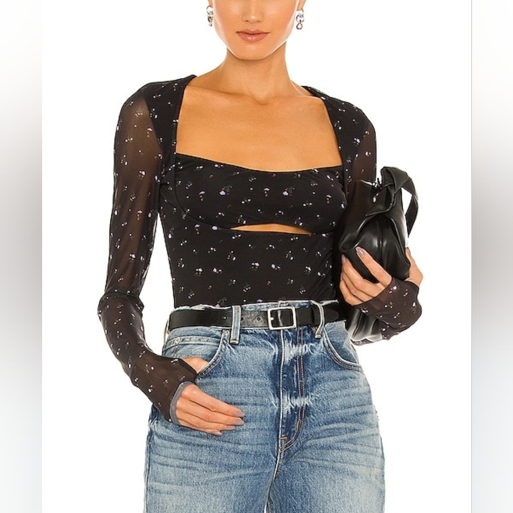 AFRM Black Floral Square Neck Long Sleeve Top
